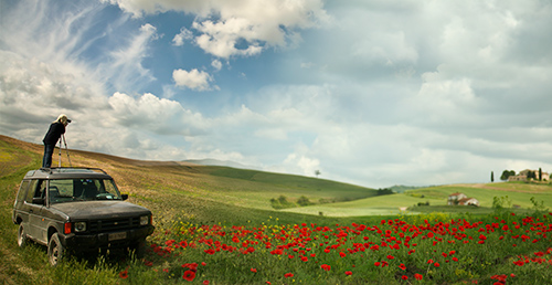 Photographer in poppies field