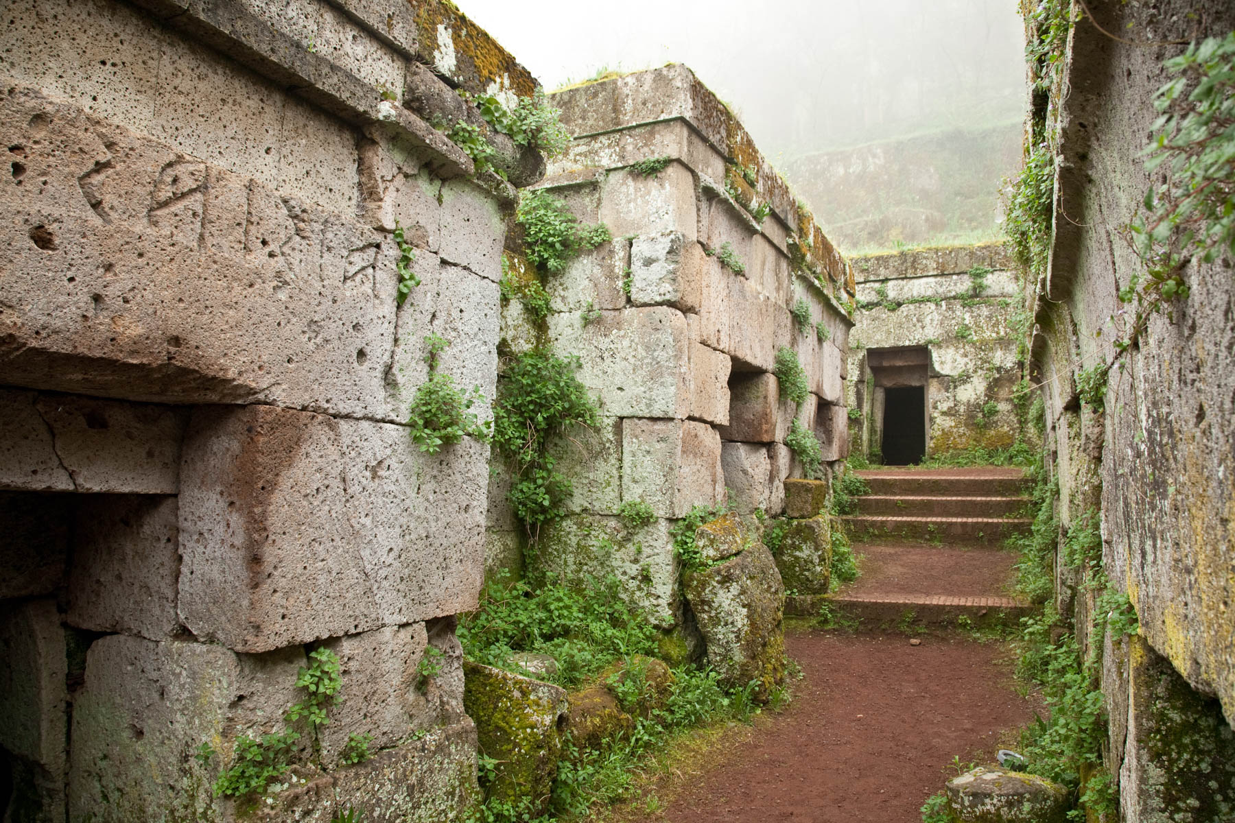 The Etruscan Cemetery, the tombs built like wooden houses on a street, the names in etruscan script are above